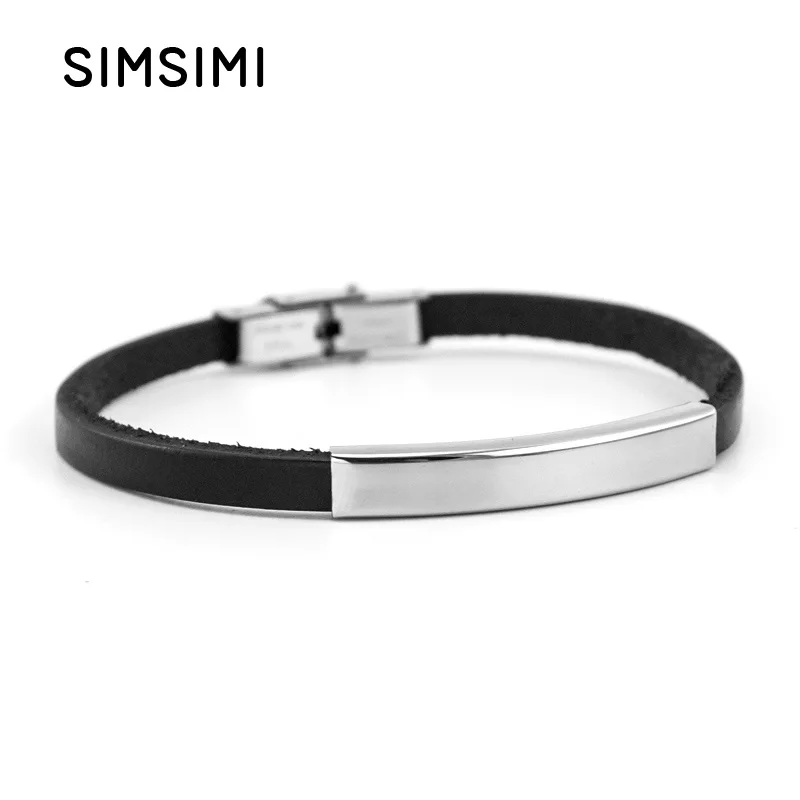 

Simsimi leather bracelet for woman Stainless steel ID tag blank for personalized print logo name bracelets wholesale 10pcs