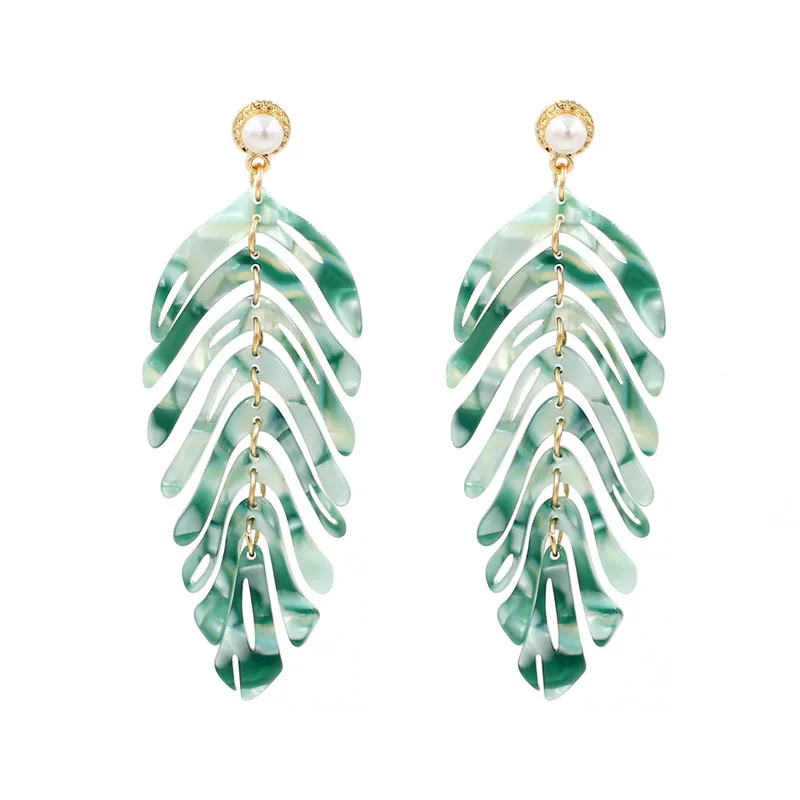 

2019 New Long Dangle Resin Green Leaves Earrings Party Jewelry Accessories Handmade Fashion Acrylic Earrings for Women