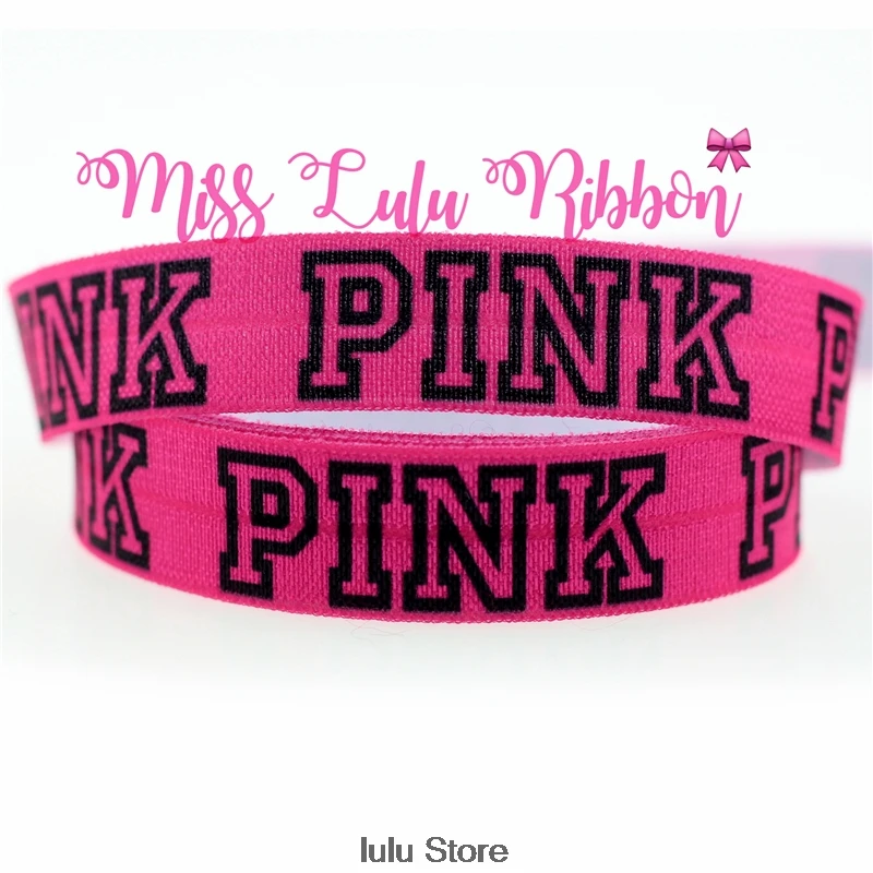 

5/8"16mm i love pink printed folded over elastic ribbon English letter logo ribboon diy handmade hair band and bows 50yards