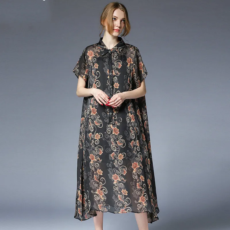 Plus Size Women Floral Shirt Dress Short Sleeve Pattern Midi Dresses ...