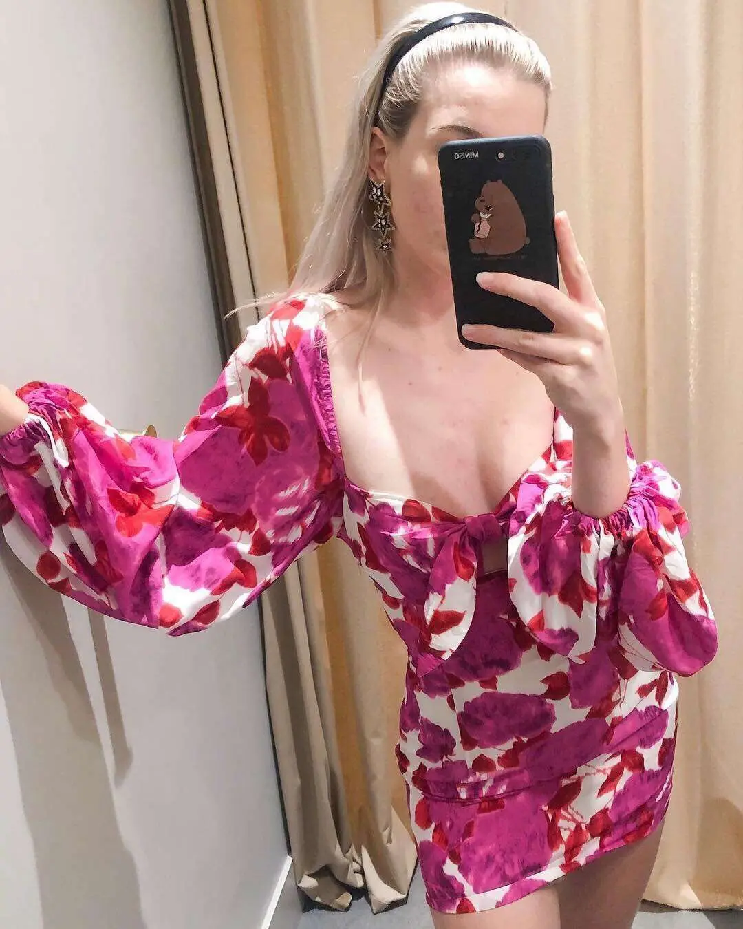 2019 New bow-printed dress with long sleeves