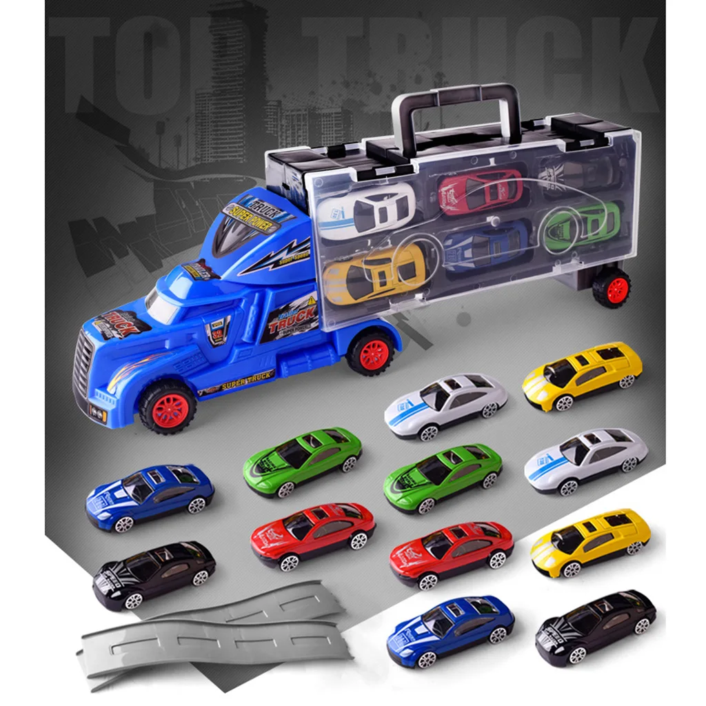15 pieces/ set Trailer Carrier Container Truck Toy with 12 Mini Car & 2 Tracks Boys Kids Train & Car Vehicle Playset Racing Car