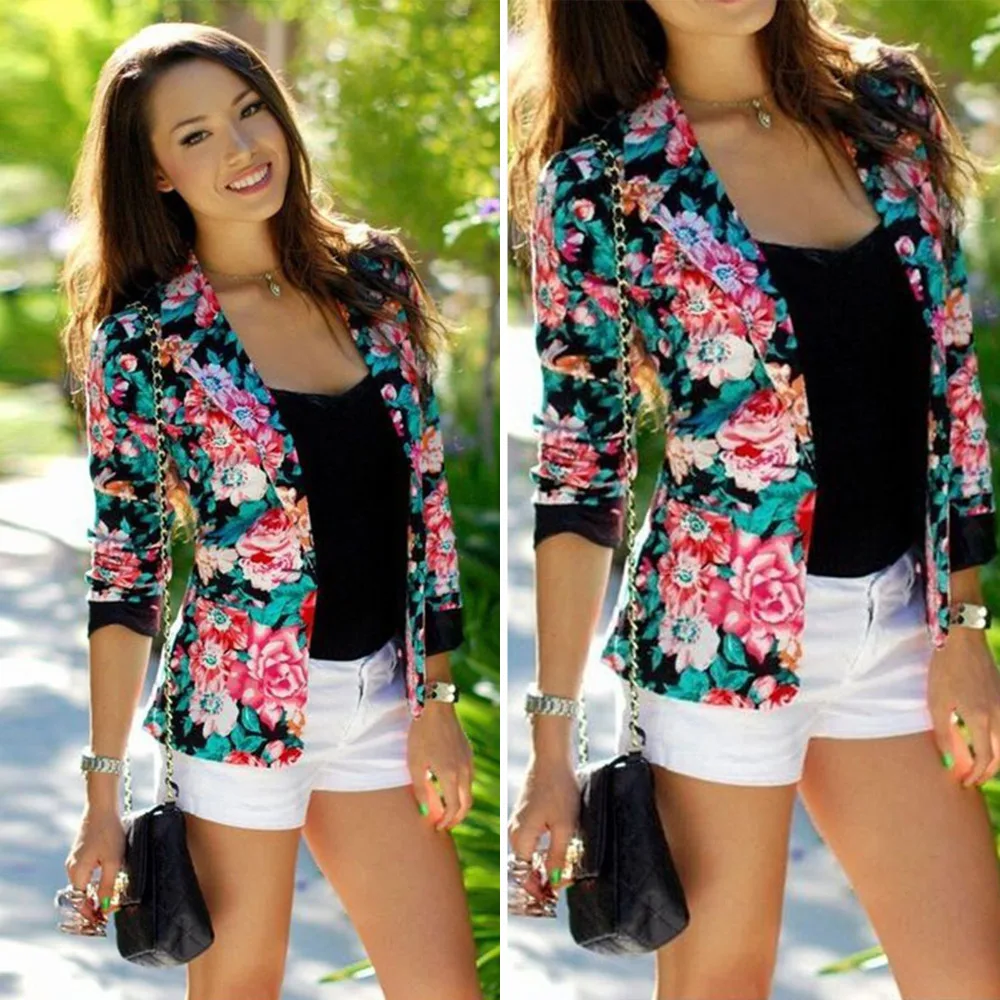 Chic Women Slim Blazer Colorful Peony Flower Floral Print Jacket For