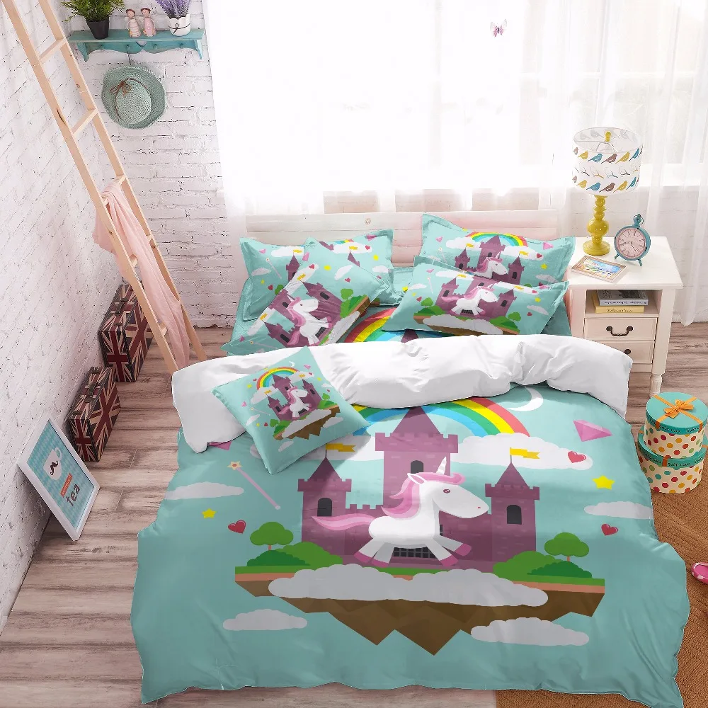 Colorful Unicorn Designs Cartoon Bedding Set Navy Blue Duvet Cover