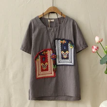 Этнические винтажные стильные Лоскутные Дизайнерские Вышитые женские футболки с круглым вырезом из хлопка и льна, Свободные повседневные летние топы