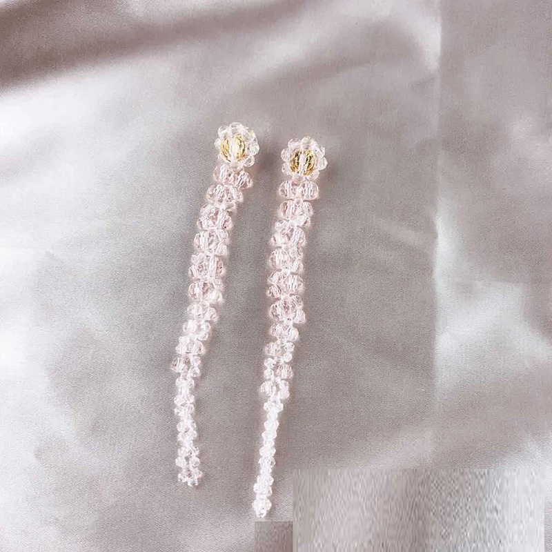 

New Korean pink crystal woven long earrings