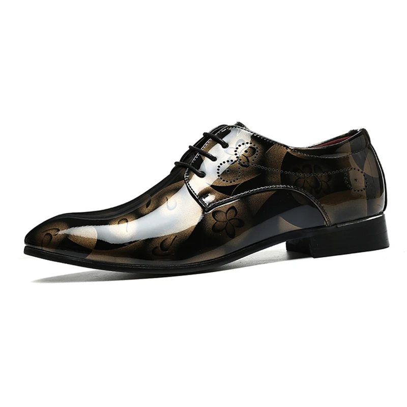 

Bright Leather Men Dress Shoes Brand Fashion Groom Wedding Shoes Flowers Print Pointed Toe Lace Up Men Business Shoes 38-48