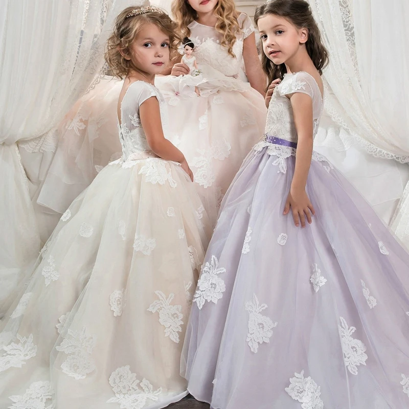 

Kids Gown Dress 2018 New Flower Girls Dresses Tailing Wedding Party Dress Children Royal Costume for first communion Dress D91