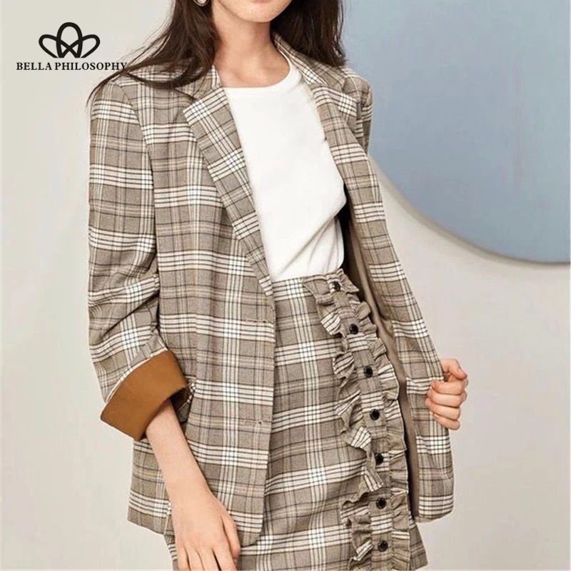 Wonder Vintage Chic Pockets Plaid OL Blazers Women 2018 Single Breasted Notched Collar Long Sleeve Lady Outerwear Casual Casaco