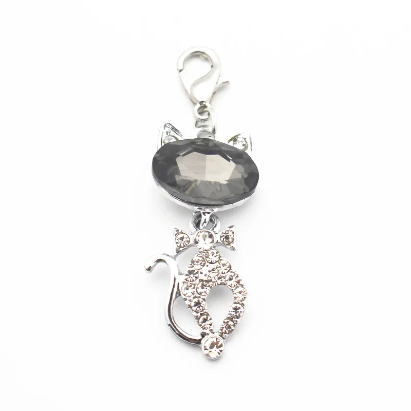 

Wholesale 20pcs/lot Alloy White Crystal Cat Dangle Charms Lobster Clasp Pendant Hanging Charm For Bracelet Necklace