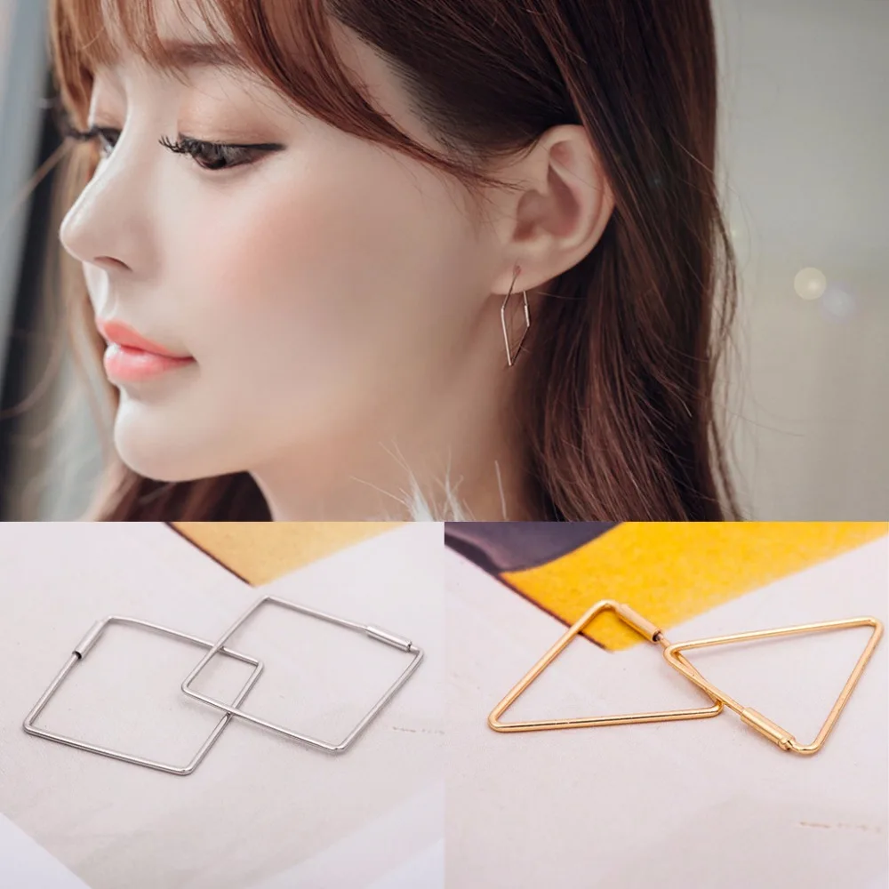 

Thin Stick Geometric Hollow Metallic Square Triangle Simple Style Women Silver Golden Closed Stud Earrings