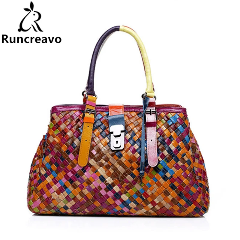 

Runcreavo 2018 Fashion Multicolour Genuine Leather Bags Weave Handbags Women Shoulder Bag Messenger Bag colorful handbag female