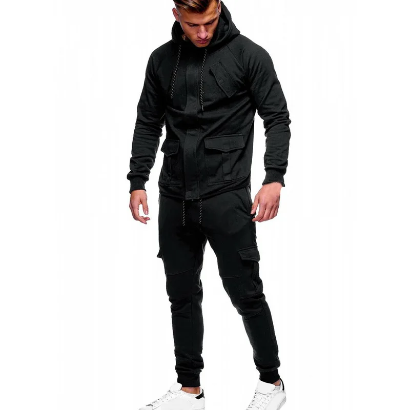 Laamei новые весенние мужские комплекты из 2 предметов модный однотонный мужской свитер+ брюки спортивные костюмы повседневные Карманы на шнурке спортивная одежда - Цвет: black