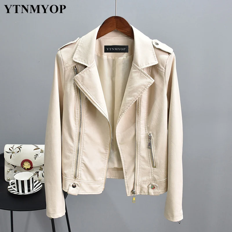 

YTNMYOP 2019 New Slim Casual Leather Jacket Women Beige Leather Coat Outerwear Basic Jackets High Street Short Clothing