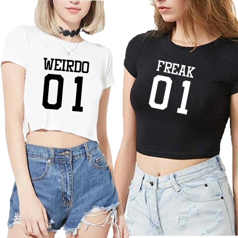 フリーク01変人01一致親友tシャツbffのための友人の手紙印刷の女性トップ丈フォローシャツかわいいトップ Aliexpress