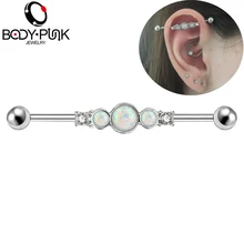 Тело панк белый опал центр промышленный пирсинг штанги прозрачный CZ серьги, Надеваемые На ушной хрящ длинные прямые винтовые спирали уха Украшения для тела