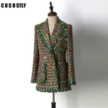 Подиумные куртки женская верхняя одежда Роскошная зеленая твидовая кисточка с длинным рукавом карман Женская куртка пальто