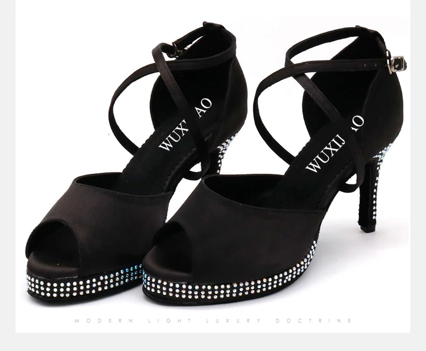 WUXIJIAO Бренд стразы черного атласа Для женщин ультравысокий каблук 10 см латинские Танцы водонепроницаемая обувь на платформе увеличение вечерние туфли