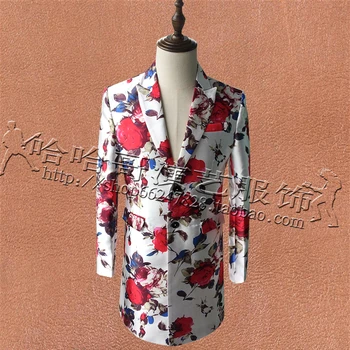

Male Singer Dancer Printing Long Jacket Overcoat Topcoat Blazer Outwear Men Performance Prom Party Show Bar Nightclub Dj Clothes