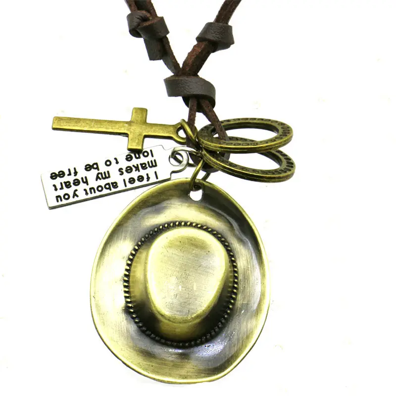 Cool Cowboy Hat,lasses Skateboard Wallet Jewelry For Women Men Rope Necklace Punk Retro Pendant Necklace Adjustable Leather