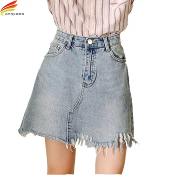 

2018 Spring Summer Women High Waist Denim Skirts Washed High Quality Bottom Tassel Vintage Skirt Woman Korean Fashion faldas