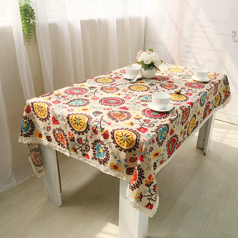 

Sun Flower Bohemian National Wind Decorative Table Cloth Cotton Linen Lace Tablecloth Dining Table Cover Kitchen Home Decoration