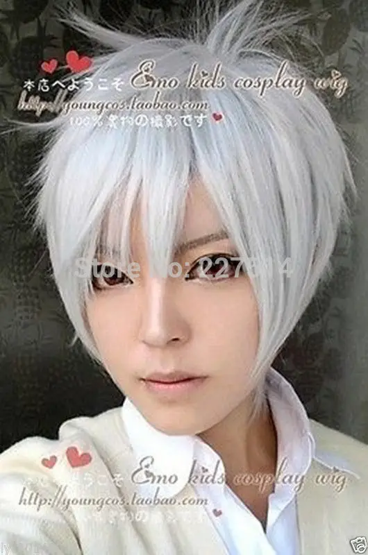 COS. MXJ01420W&gt&gt Новый Fashon Короткие Серебристый Белый Довольно Мальчик Парик Косплей