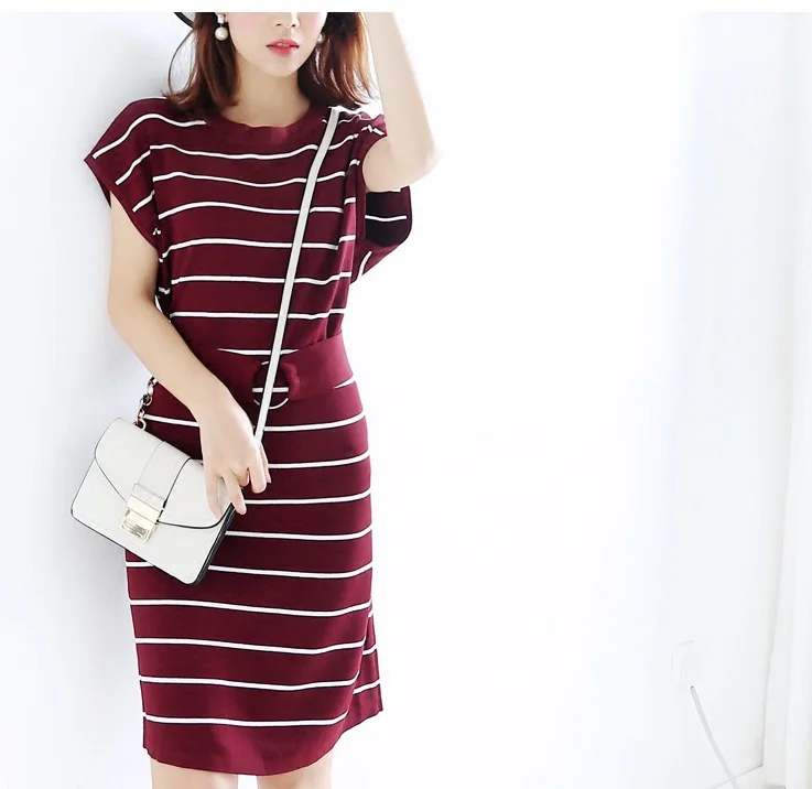 

Fashion Elasticity Knitted Black Wine Red Strip Summer Autumn Ice Buds Viscose Bat Sleeves Elastic Waist Design Knit Dress