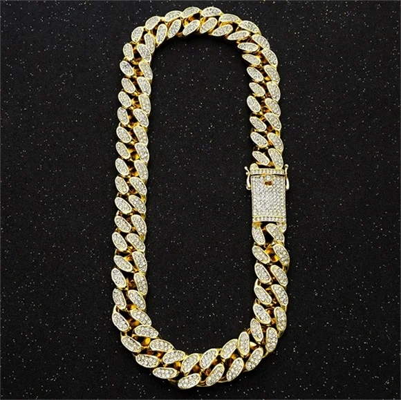 20mm Heavy Hip Hop Iced Out Miami Cuban Link Chain for Mens Bling Full Crystal Rhinestone Gold Silver Necklace Jewelry Bracelets - Окраска металла: Gold Necklace