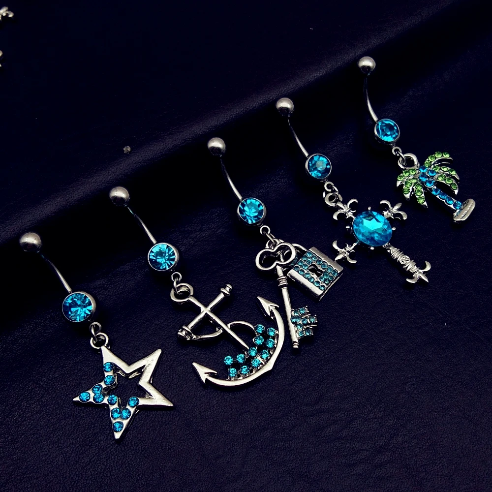 

5pcs 2019 mix style vintage blue star cross anchor tree key lock dangle navel belly bar button rings body piercing jewelry
