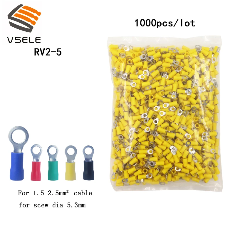 

VSELE 1000PCS/pack ring crimp insulation terminal RV2-5 for 1.5-2.5mm2 wire cable for scew dia 5.3mm connector