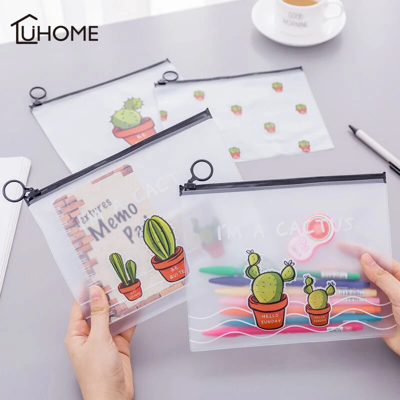 

17x21cm Cactus Printing A5 File Folder Dull Polish Transparent PVC Document Filing Bag Kawaii Stationery Bag Make Up Storage Bag