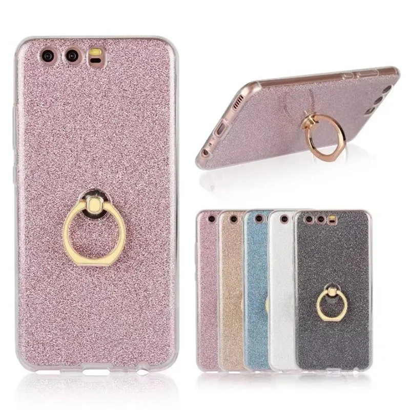 

Phone Case For Huawei P10 Lite P10 Plus Glitter Bling Case Finger Ring Holder TPU Silicone Back Cover Capa For Huawei P 10 Coque