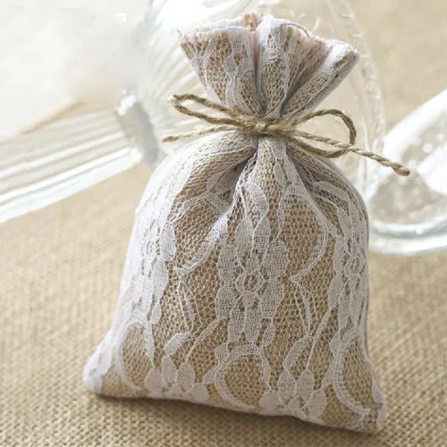 Lace Hessian подарочная упаковка мешок 10x15 см(3," x 6") Упаковка из 50 дней рождения Свадебная вечеринка мешок для конфет Мешковина