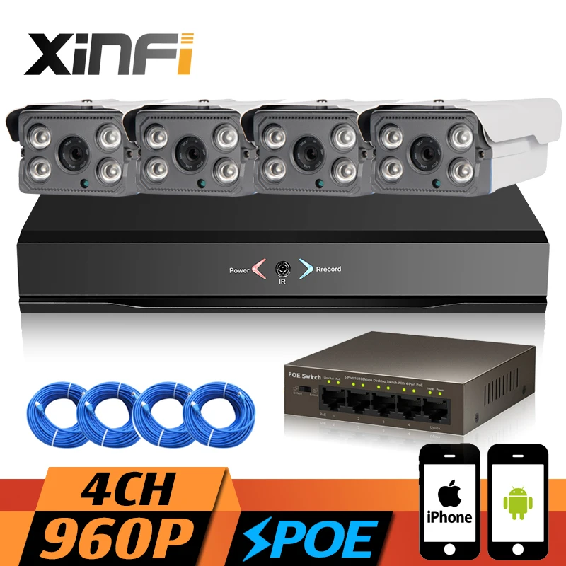 XINFI 4CH POE CCTV System 1080P NVR Network Video Recorder 960P Home Security poe Camera indoor/outdoor camera System CCTV kit