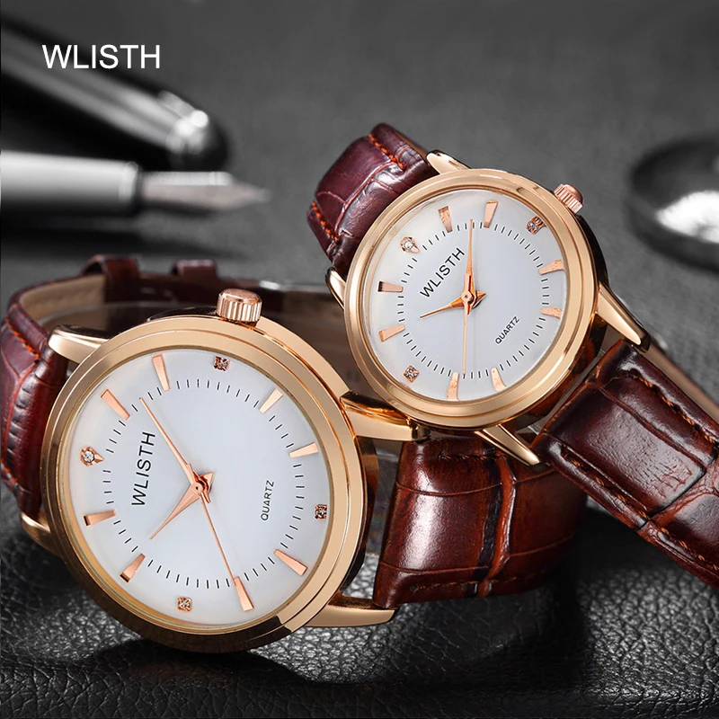 

WLISTH Couple Watches Fashion Casual Quartz Watch for Lover Men Women Business Rhinestone Rose Gold Steel Leather Lover's Gilft