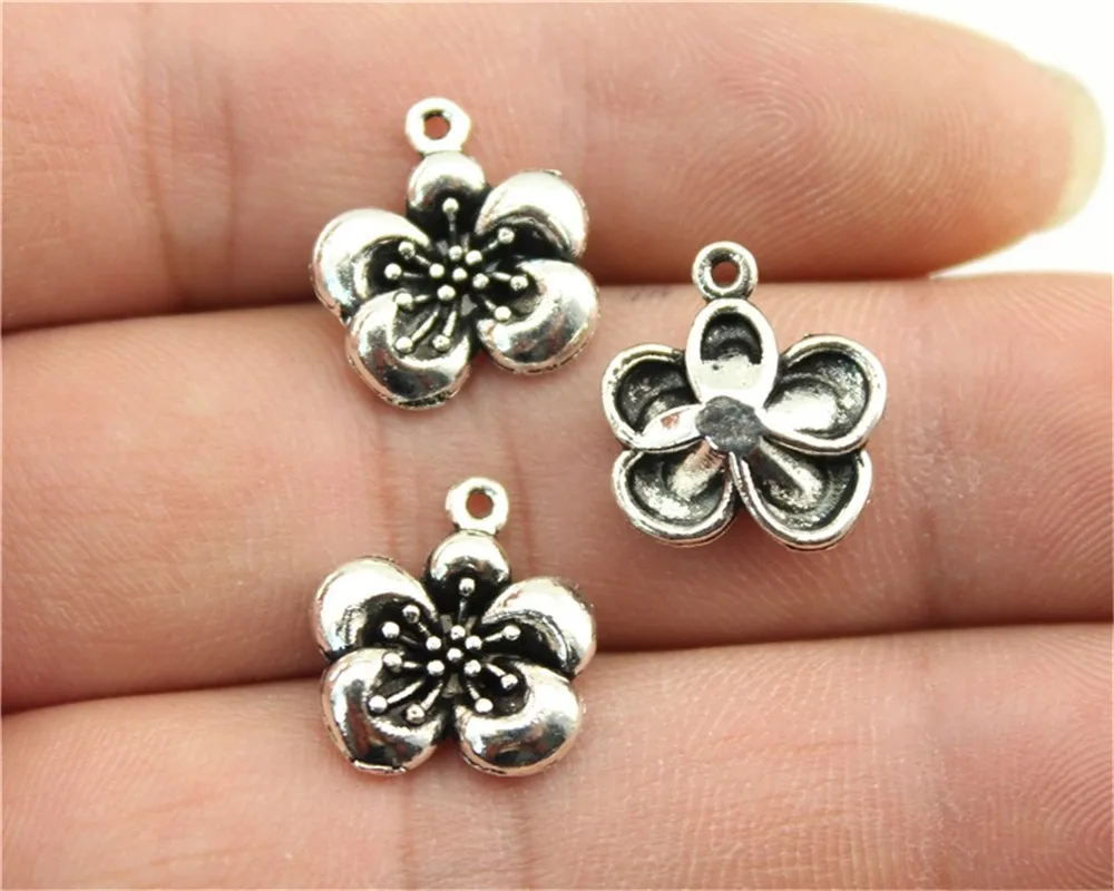 WYSIWYG 12pcs 15x14mm Antique Silver Color Flower Charms For Jewelry