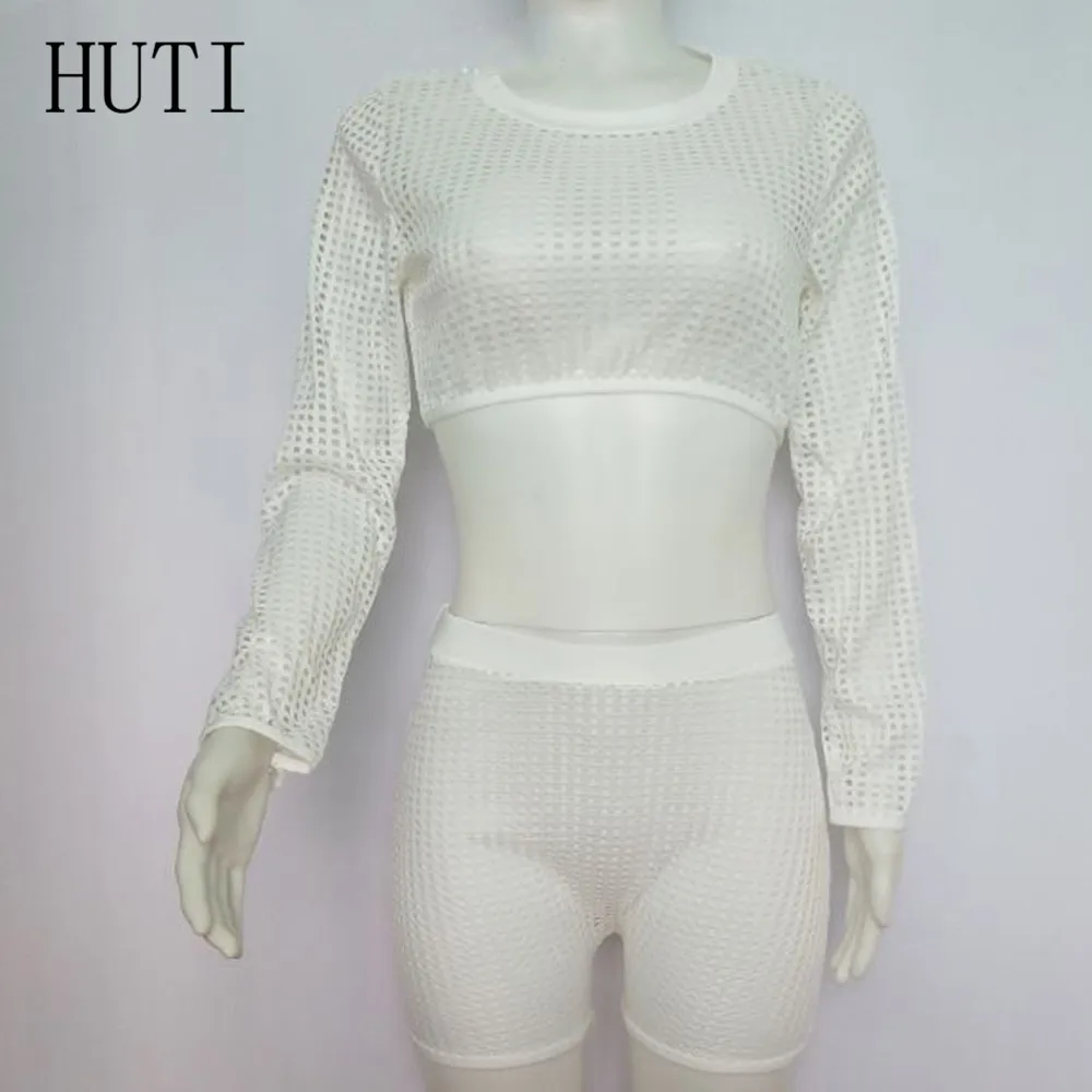 HITI Fashion Sexy Openwork Beachwear Long Sleeve Hollow Out Grid Two Pieces Sets Playsuits for Women Black Club Party Bodysuits HITI Fashion Sexy Openwork Beachwear Long Sleeve Hollow Out Grid Two Pieces Sets Playsuits for Women Black Club Party Bodysuits