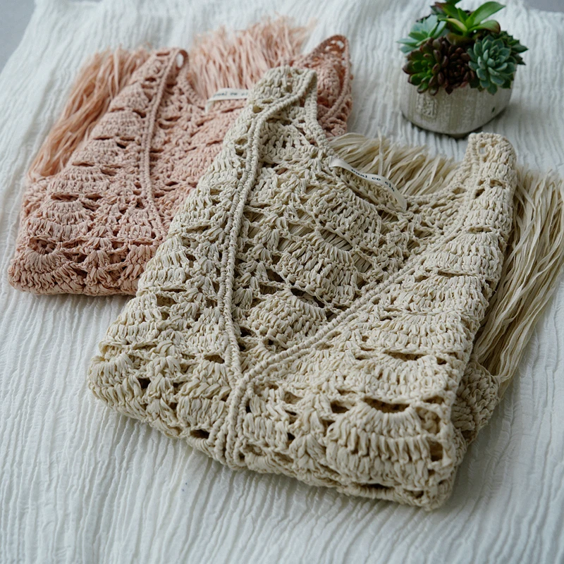 

Spring Summer Women Vintage Japanese Style Hollow Out Tassels Linen Cardigan Vest
