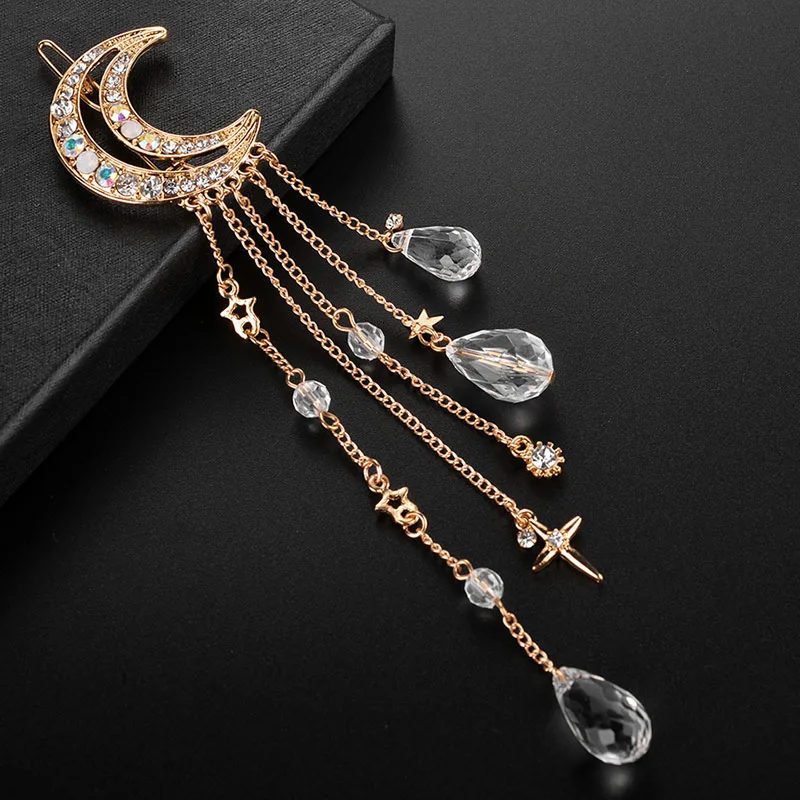 RE 2018 Hot Fashion Moon Crystal Rhinestone Tassel Long Chain Beads Dangle Hair Pins Clip Girls Women Jewelry Accessories S1440 - Image 5