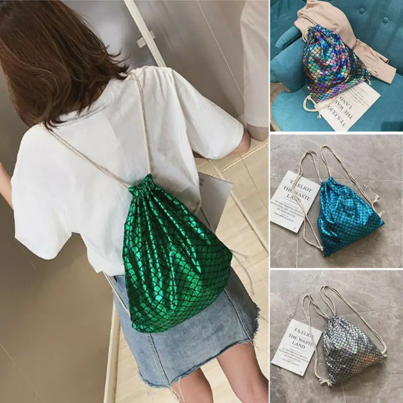 

New Women Fashion Fish Scale Pattern Drawstring Backpacks Travel Laser Large Capacity Recreational Shoulder Bags Satchel Tote