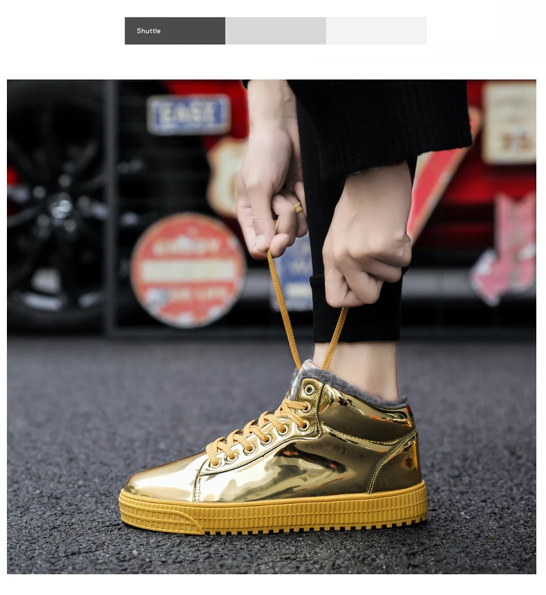 TYDZSMT Women Vulcanized Shoes Short Plush Warm Sneakers Ladies Lace-up Basket Shoes Bling Mirror Leather Flat Gold Shoe