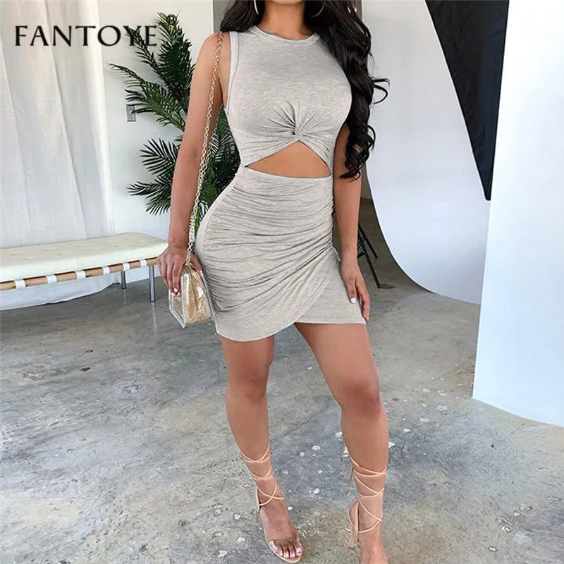 

Fantoye Women Sexy Summer Mini Dress 2019 Casual Sleeveless Hollow Out Bodycon Dress Female Wrap Fitness Sport Dress Streetwear
