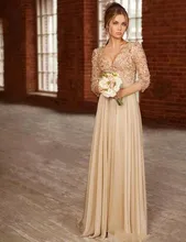 Vestidos de fiesta 2016 Champagner a-linie Chiffon Spitze Appliques Perlen perlen Drei Viertel Sleeve Lange Formale Abendkleid
