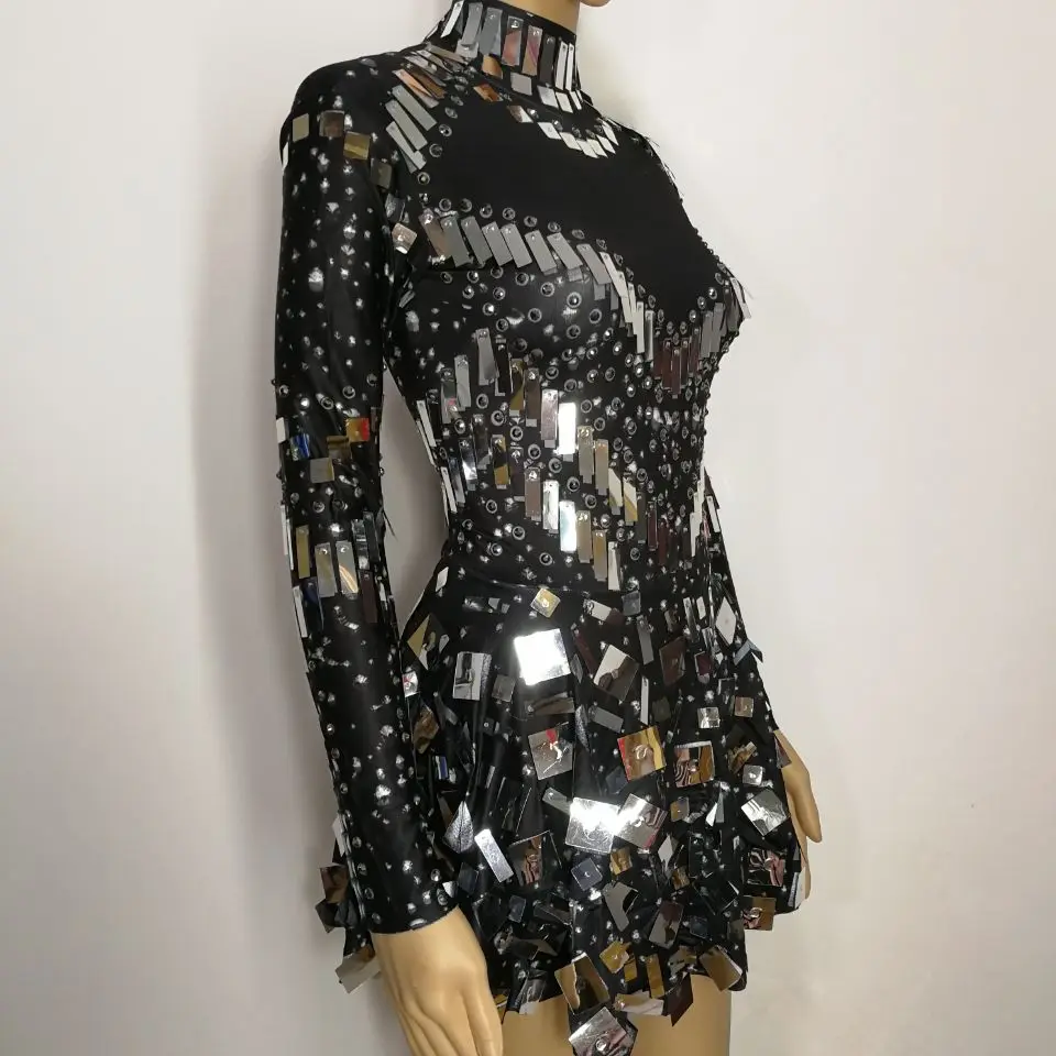 Black White Sequins Mirrors Short Dress Sexy Nightclub Crystals Costume Female Singer Dancer Stage Wear Birthday Party Outfit