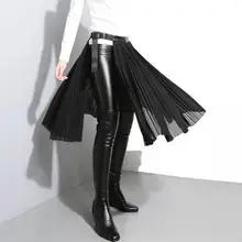 Однотонная черная юбка с высокой талией, плиссированная Свободная юбка с разрезом, полубоди, новинка, Весенняя женская мода, 850