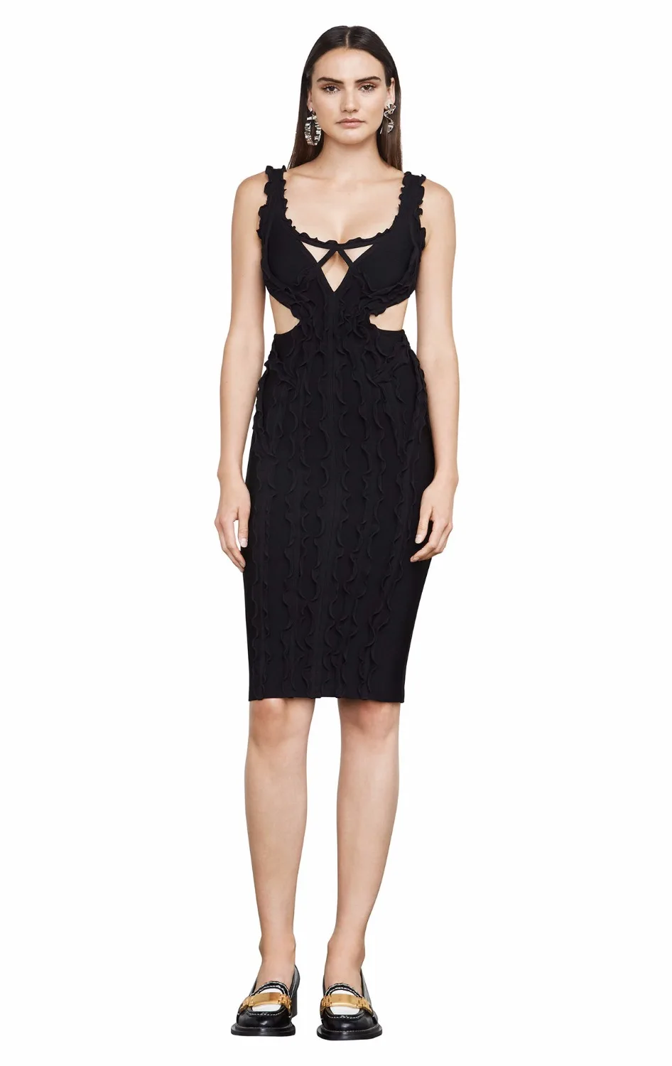 Top Quality Black V neck Lace Backless Knee Length Rayon Bandage Dress