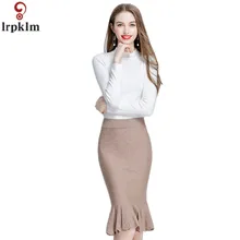 Юбка средней длины с завышенной талией для женщин,, осенняя тонкая юбка в Корейском стиле, облегающая юбка-рыбий хвост, Офисная Женская трикотажная юбка, CH338