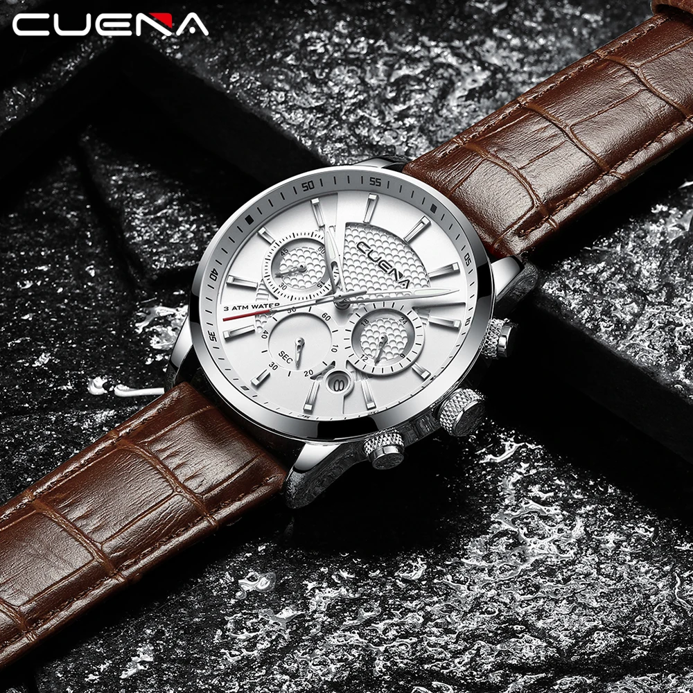 

CUENA Fashion Business Quartz Mens Watches Top Brand Luxury Multifunction Calendar Analog Clock Leather Strap Vintage Watch Men