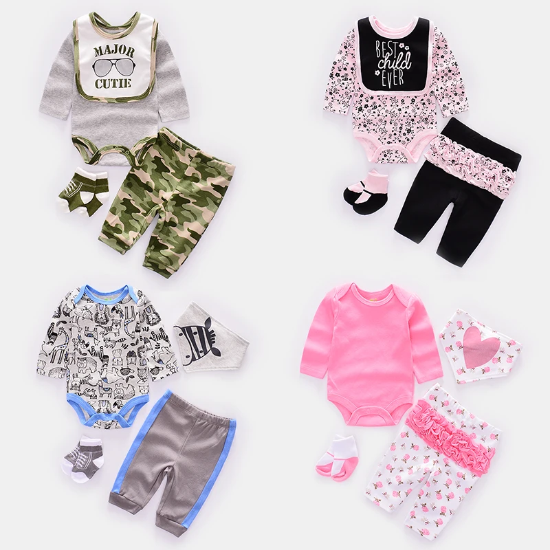 

2019 new baby Clothing Sets cotton boys clothes suits Newborn girl suit 4pcs long sleeve rompers+pants+socks+cap kids 5 styles